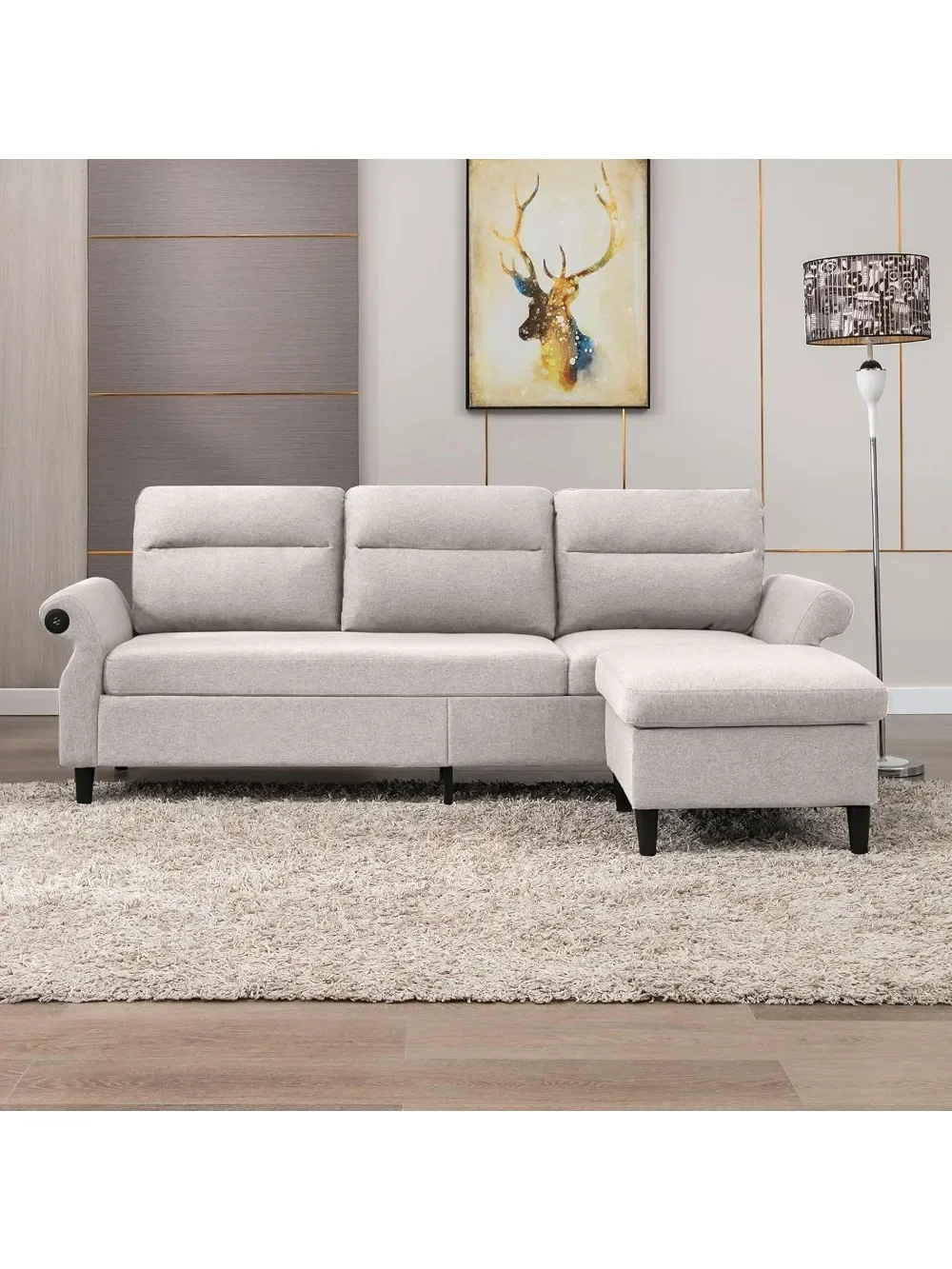 Convertible Sectional Sofa Couch, 3 Seat Sofas with 2 USB Ports and Adjustable Armrest, L Shaped Couch with Reversible Chaise