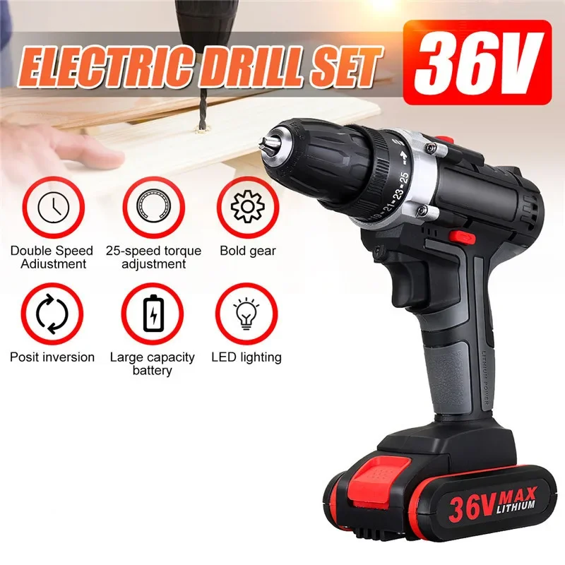 

36V 25-Speed Home Electric Screwdriver Impact Cordless Brush Drill Li-ion Battery Wireless Rechargeable Hand Drill Power Tool