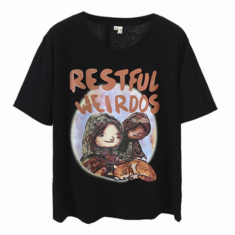 Camiseta de manga corta con estampado de dibujos animados para mujer, camiseta informal de algodón de talla grande, 100kg, verano, 9619