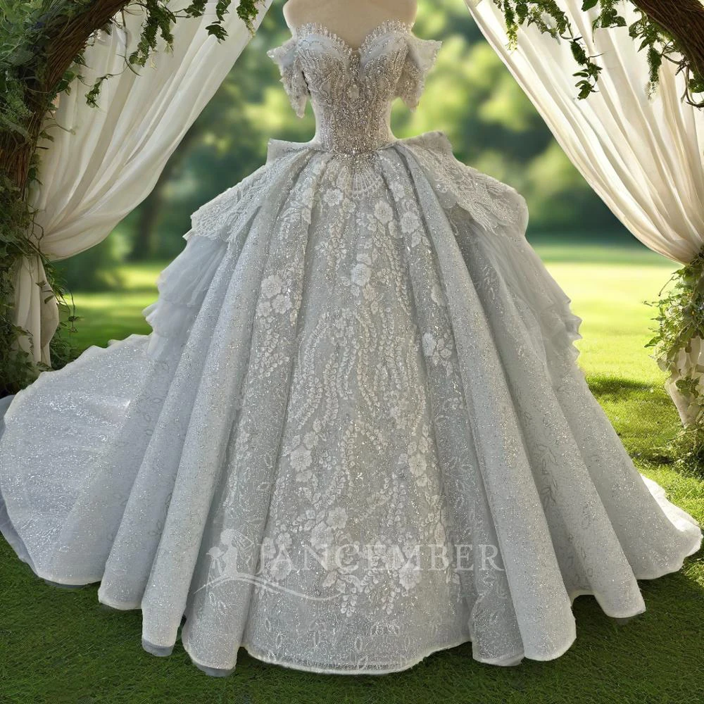 Jancember Wedding Dresses For Woman Train Ball Gown Beads Lace Formal Elegant Party Bridal Gowns 2024 Robe De Mariée MN249