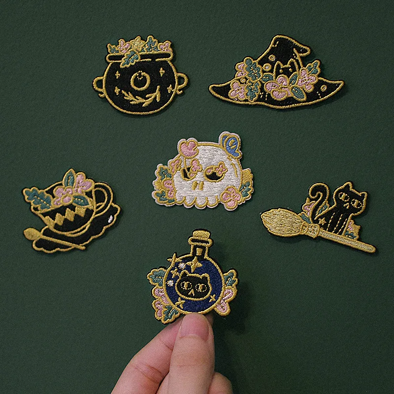 1 Piece Iron on Embroidery Stickers Black Series Magic Power Cute Cartoon Cat Cup Small Patch with Back Adhesive