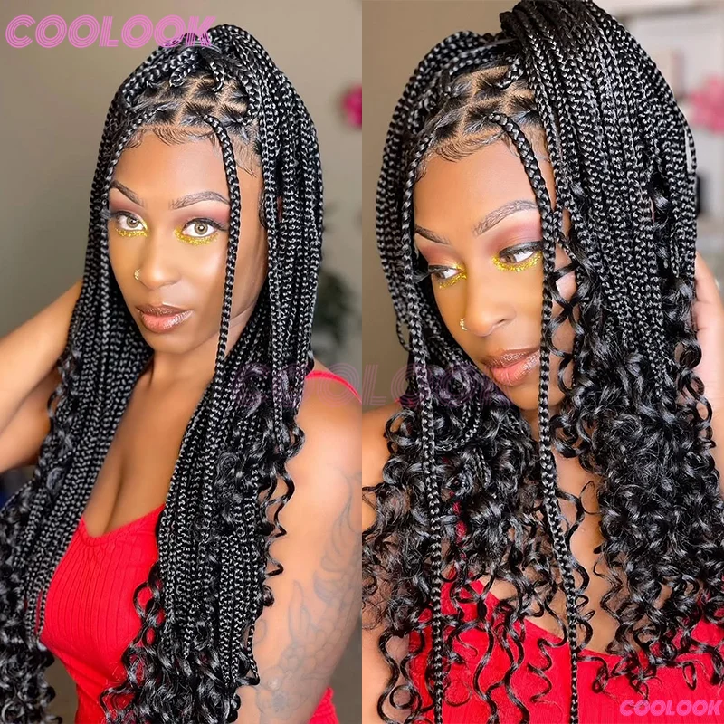 

24-дюймовые синтетические косички, парики для чернокожих женщин, косички, полные кружевные плетения волос с вьющимися концами, без узлов, косички, парик