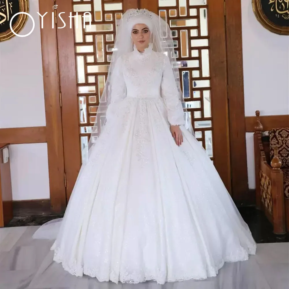 OYISHA abito da sposa musulmano bianco puro abito da sposa in pizzo a maniche lunghe con perline abito da ballo a pieghe con collo alto arabo Dubai turchia Robes