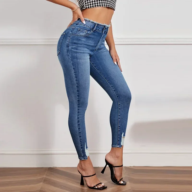 

Jeans Pencil Pants Women Hole Ankle Length Trousers Washed Stretch High Waist Distressed Vintage Pockets Denims 2025 Streetwear