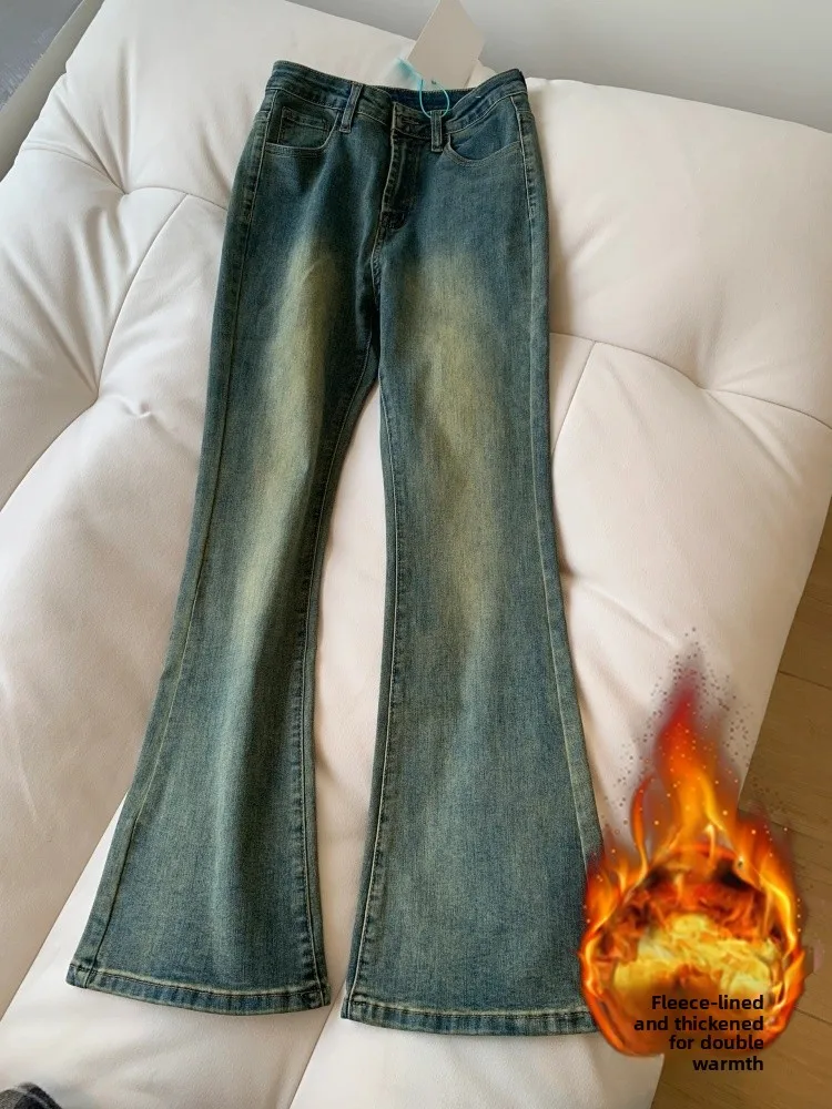 

plus Size Fleece Lined Thickened Micro Flared Denim Jeans Women's Autumn Winter High Waist Slimming Elastic Straight Leg Wide...