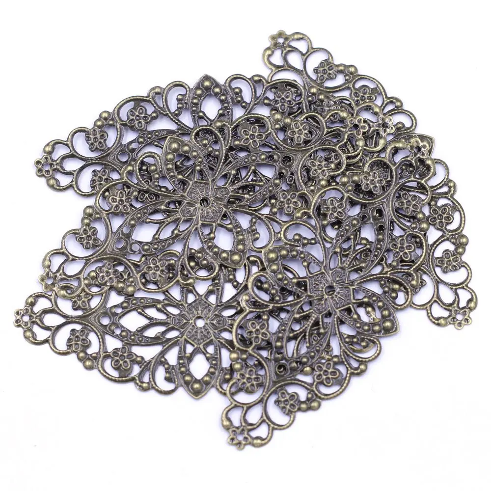 90Pcs Connectors Filigree Flower Wraps Bronze Tone Charms Jewelry Making Component Findings 8x3.5cm