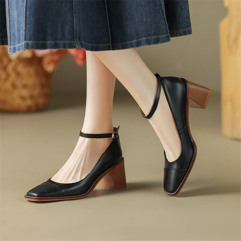 2024 Spring Split Leather Women Shoes Square Toe Chunky Heel Mixed Color Women Pumps Retro Mary Jane Shoes for Women High Heels