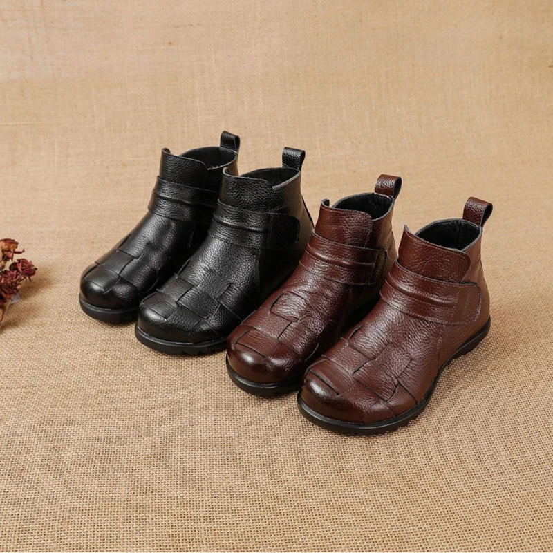 Winter Cotton Genuine Leather Wool Mother Shoes Short Boots First Layer Of Cowhide Ethnic Style Boots