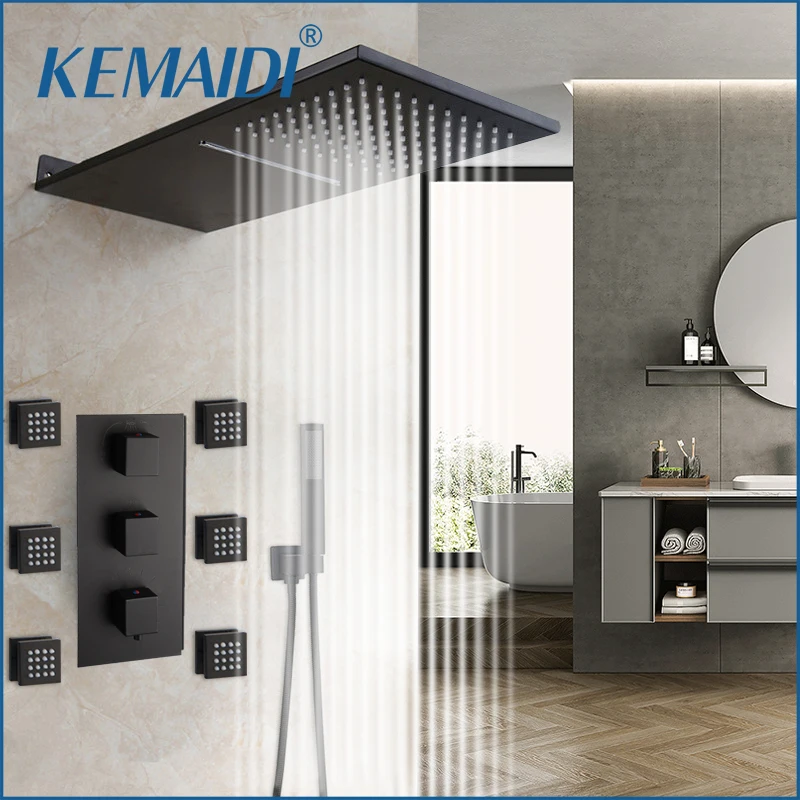 KEMAIDI 22 Inch Shower System High Pressure Waterfall Bathroom Shower Faucet Set with Solid Brass Valve Hand Spray  6 Body Jets