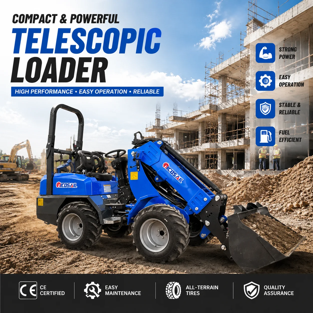 Mini Cargadora de Ruedas ZL918 con Brazo Telescópico, Cargadora Articulada Compacta con Certificación CE, Cargadora Frontal para Uso Agrícola