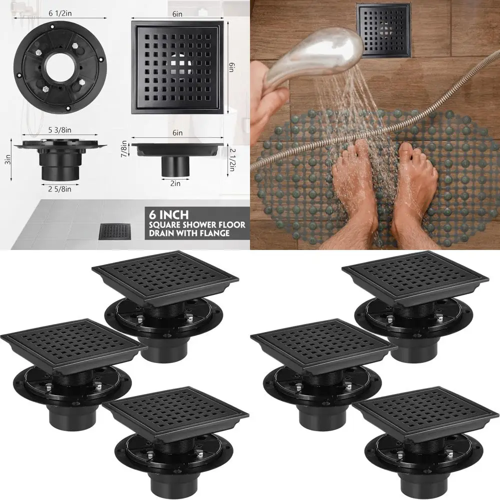 6 Inch Matte Black Square Shower Floor Drain with Removable Grid, 304 Stainless Steel