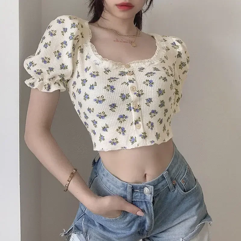 

Vintage Floral Print Short Puff Sleeve Button Cropped T-shirts Summer Women Slim Tee Tops 2024