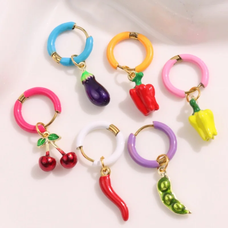 Chili pepper, eggplant, and bean pod drip enamel earrings
