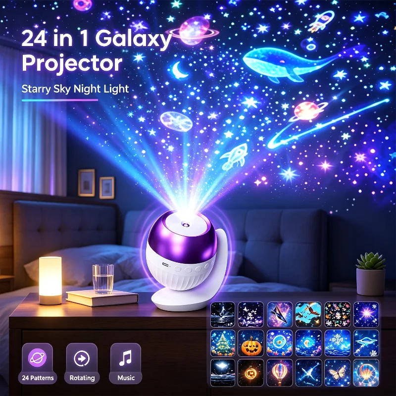 2026 24 in 1 Galaxy Projector Night Light USB Starry Sky Projector Lamp Ocean Theme 360° Rotatable Lamp Bedroom Atmosphere Decor