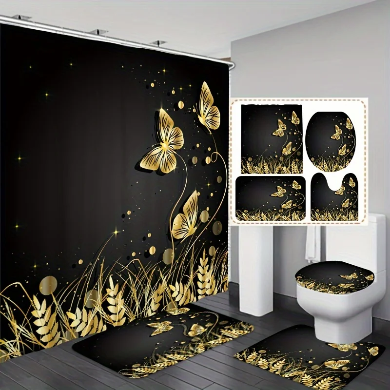 1/3/4pcs Golden Butterfly Printed , Bathroom Decorative Set Including Waterproof Shower Curtain, Anti-slip Mat