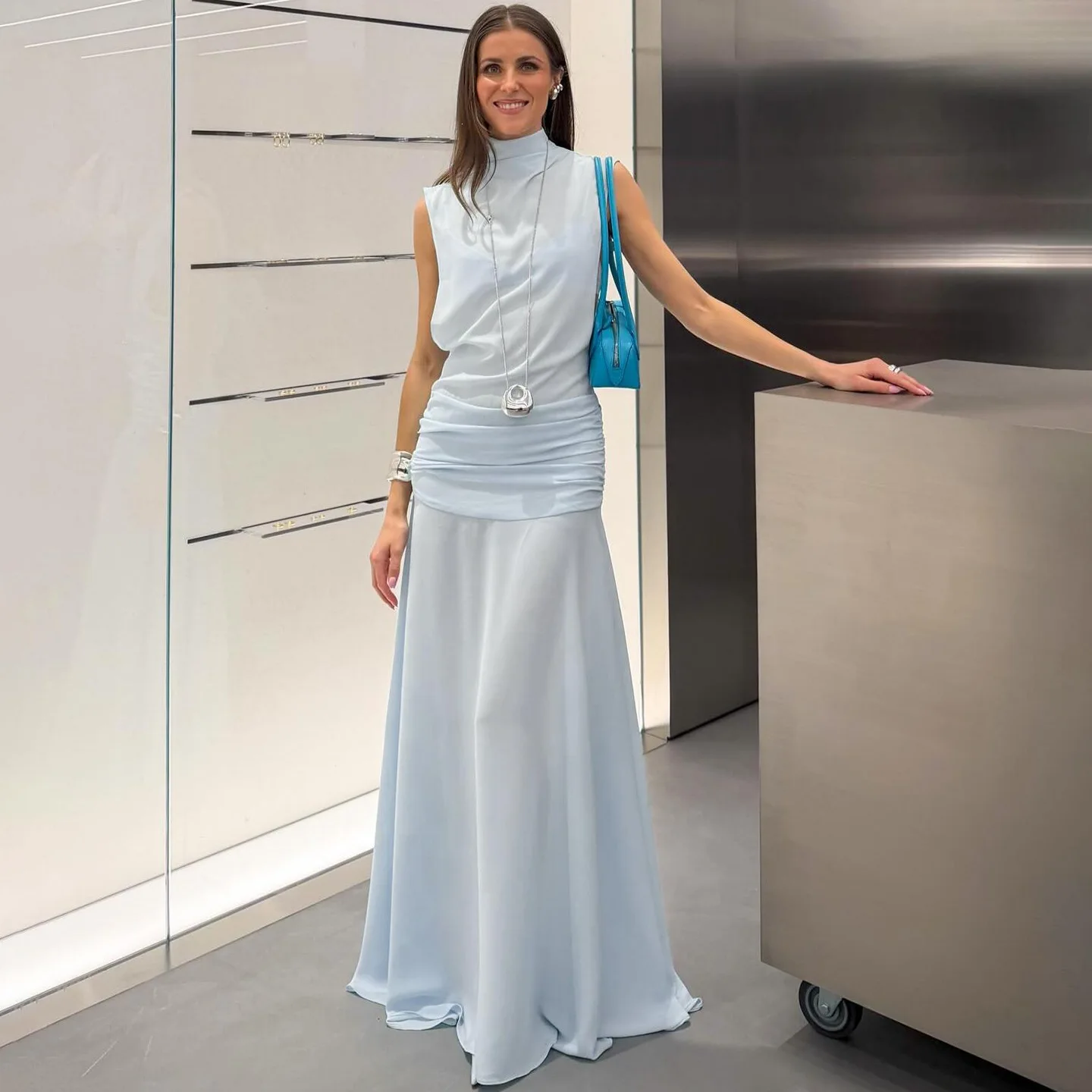 New women's dress - solid color, fitted, elegant and stylish, high-neck, sleeveless, high-waisted, sexy dress