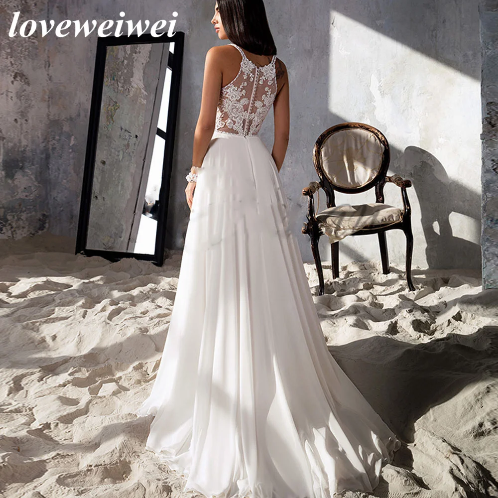 Simple V-Neck Front High Split Wedding Dresses For Women Custom Made 2022 Lace Appliques Chiffon Spaghetti Straps Bridal Gown