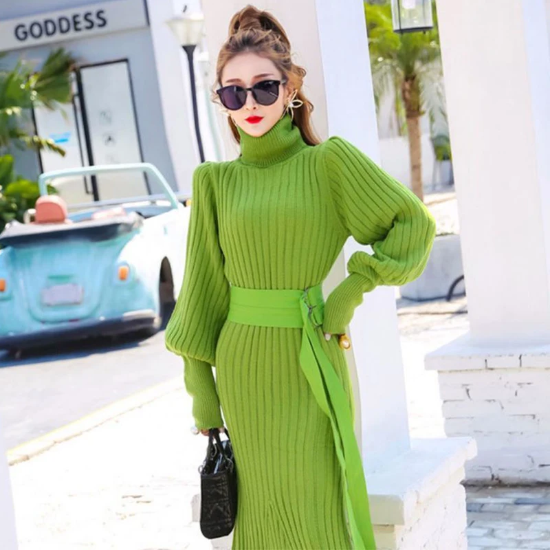 Women's Green Slim High Waist A-line Dresses High Neck Lantern Sleeves Sexy Fishtail Dresses 2023 Thicken Warm Knitted Dresses