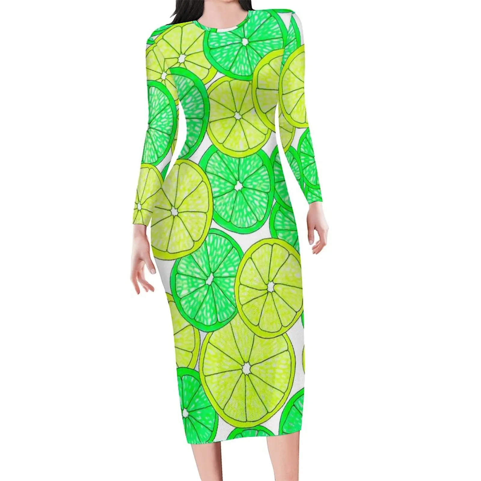 Lemon And Lime Bodycon Dress Female Bright Citrus Fruit Sexy Dresses Holiday Long Sleeve Aesthetic Custom Dress Big Size 4XL 5XL