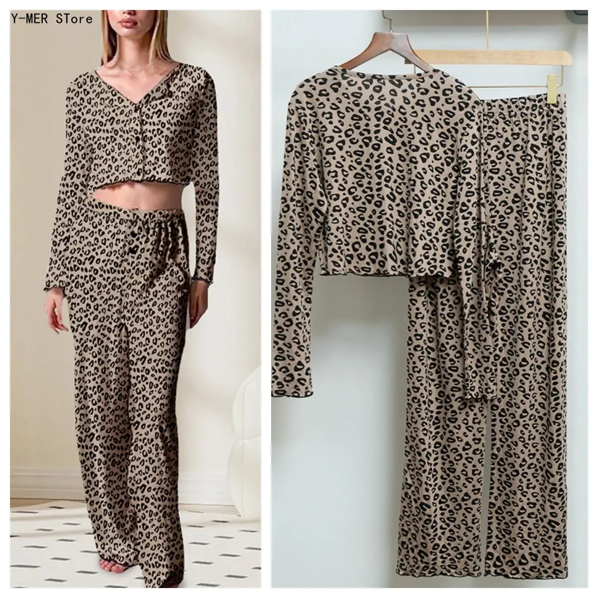 Elegant European American Leopard Print Pajamas Set Long Sleeve Cardigan + Full Length Pants Skin-Friendly Satin Home Wear