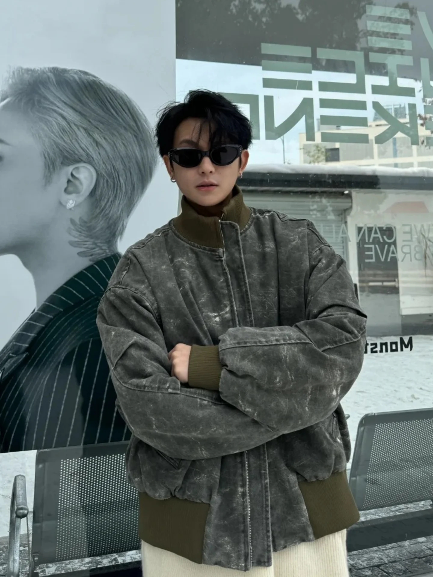 

Retro American Dyed Workwear Cotton Jaet for Men Winter Fce Lined Thiened Rabbit Fur Cotton Coat Stand Collar