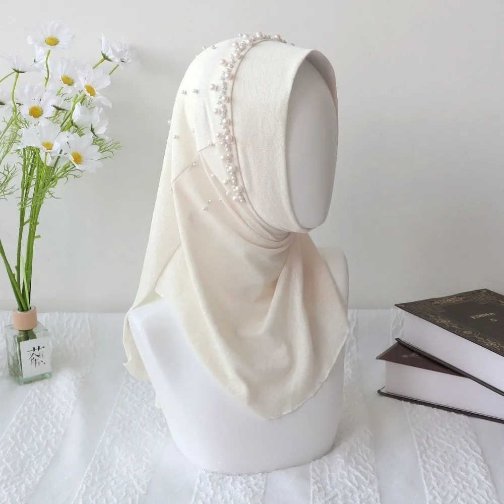 Cute Solid Color Beads Hijab Quick Drying Pull On Style Hijab Scarf Head Wrap Breathable Sun Protection Headscarf Girls