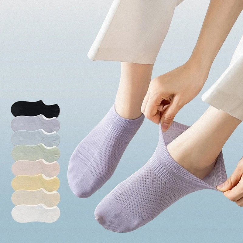 Calcetines informales de malla para mujer, medias cortas de boca baja, finas, invisibles, antideslizantes, de algodón y silicona, 5/10 pares