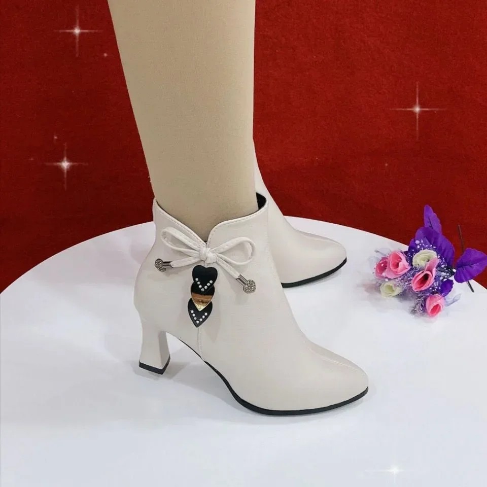 2023 high-heeled boots female spring and autumn single boots new women\'s shoes zip white waterproof Taiwan high-heeled shoes