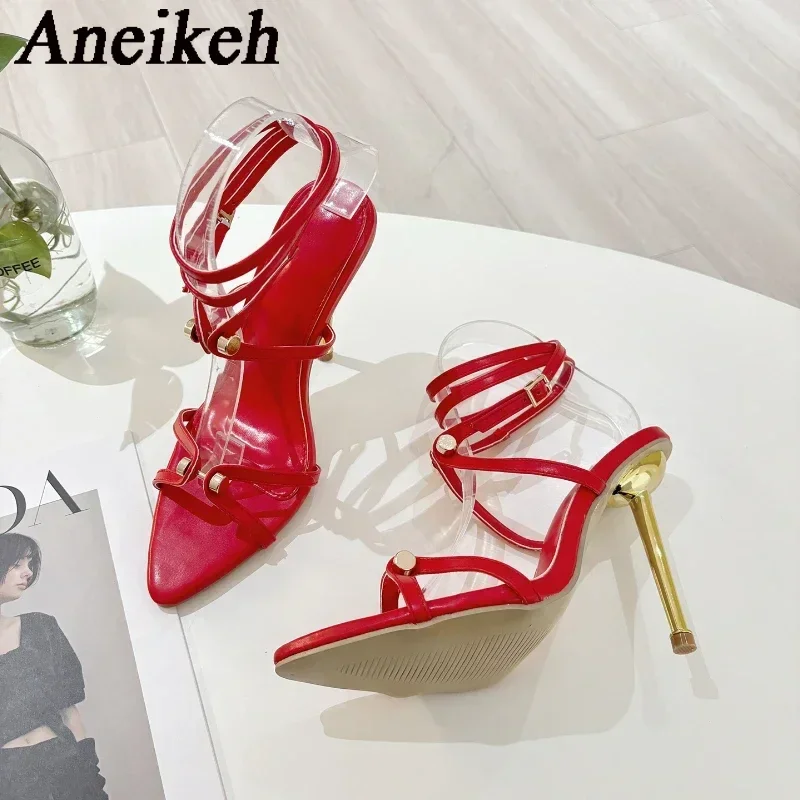 Aneikeh Roman Strap Metal Screw Tip Electroplated Fine Heel Sandals High Heels Wedding Banquet Sexy Pointed Toe Stripper Shoes