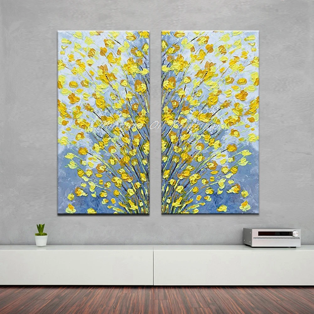 لوحات زيتية مينتورا على القماش، مجموعة يدوية الصنع من الزهور الصفراء مزدوجة ملصق حائط فسيفساء من القماش، ديكور فني بدون إطار #5