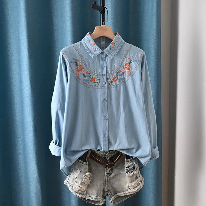 

Denim Shirts Women Spring Tops Korean Fashion Long Sleeve Flowers Embroidery Denim Blouses Designer Jean Shirt ZT214
