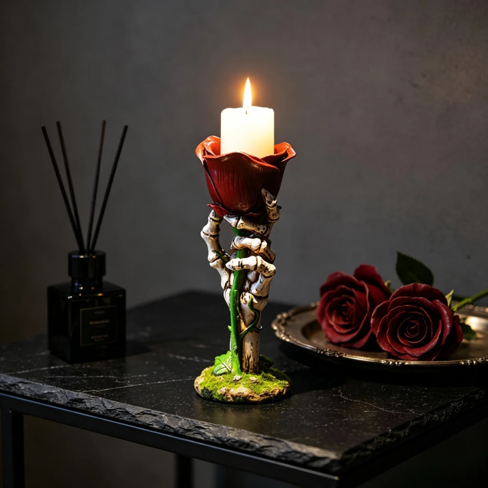 Halloween Gothic Resin Candle Holder Skeleton Hand with Rose Design Decorative Candlestick for Table Home Centerpiece