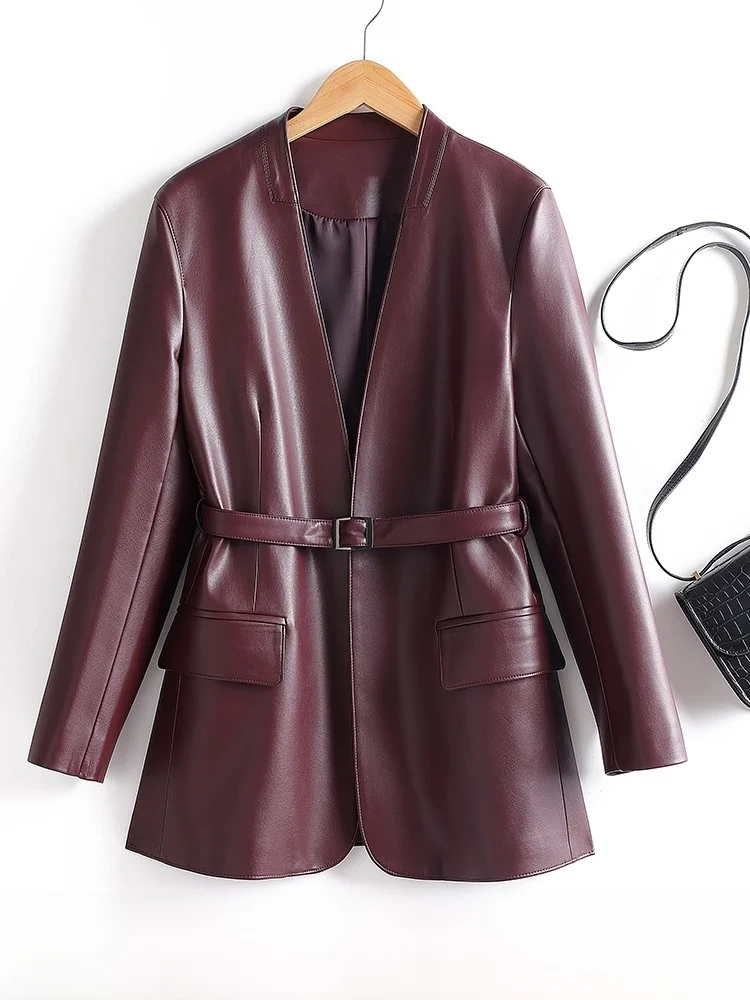 

Женское кожаное пальто из натуральной овчины с эффектом похудения, весна-осень, новинка, с поясом, средней длины, V-образный вырез, длинный рукав