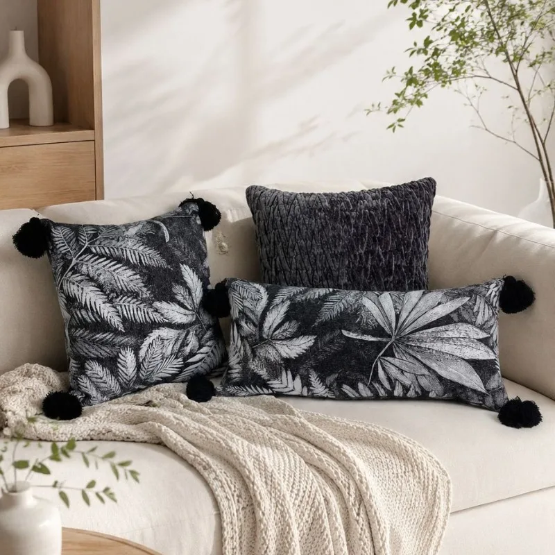 Luxury Black White Textured Throw Pillow Cover with Tassels Premium Woven Chenille Cushion Cover Leaf Jacquard Cushion Case