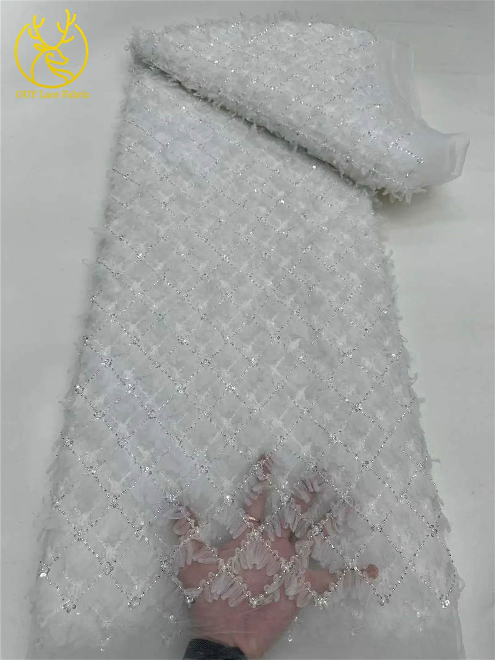 Lila Flieder 3D-Spitzenstoff 2026 Hochwertiger Afrikanischer Pailletten-Perlen-Spitzenstoff für Damen-Abendkleider Nähen 5 Yards – Detail 7