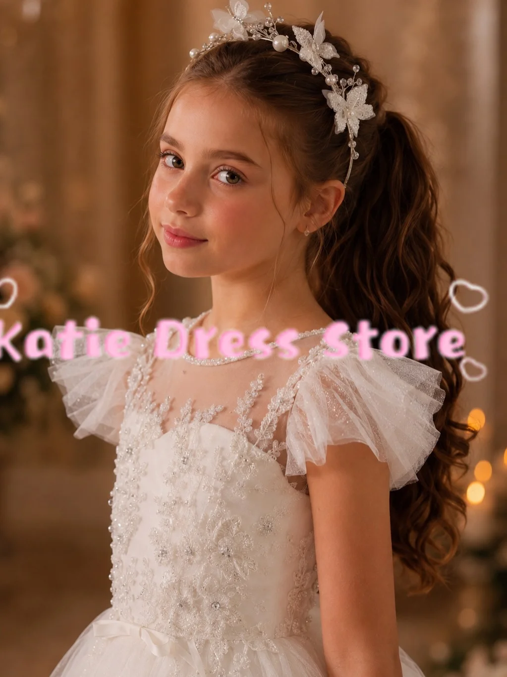 Weißes Blumenmädchenkleid für die Hochzeit, Tüll, bauschige Applikation, Spitze, elegant, für Kinder, Geburtstagsfeier, Erstkommunion, Ballkleider, individuell gestaltet