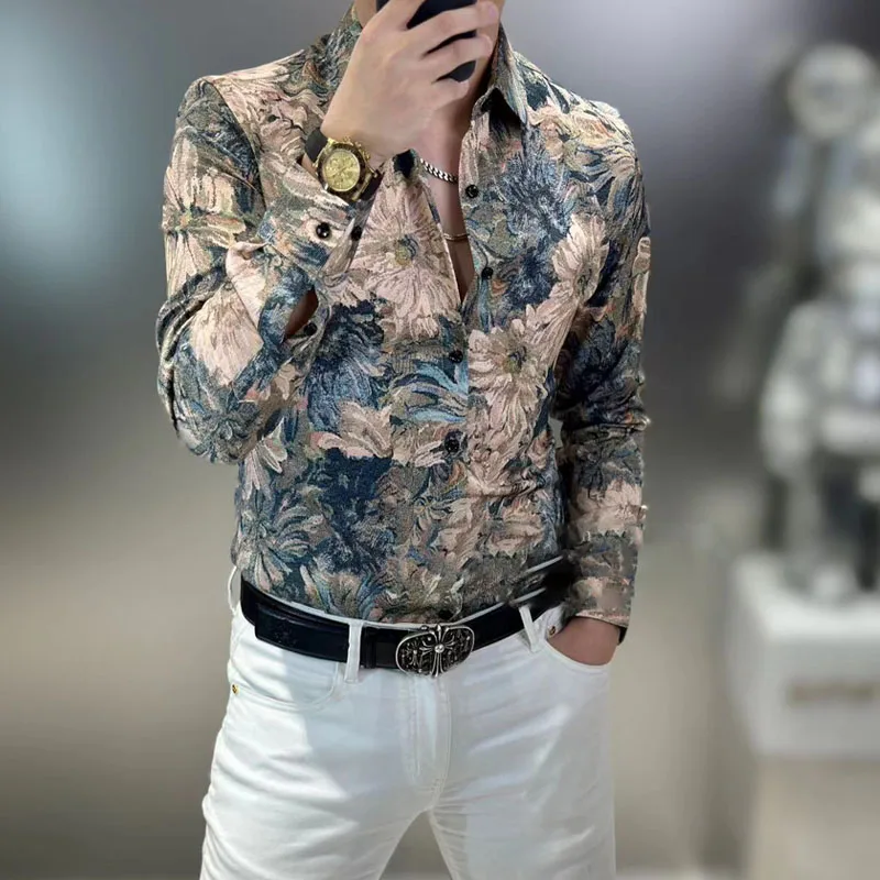 Camisa estampada de moda para hombre, camisa de manga larga con cuello vuelto, ropa Vintage de un solo pecho, primavera y otoño