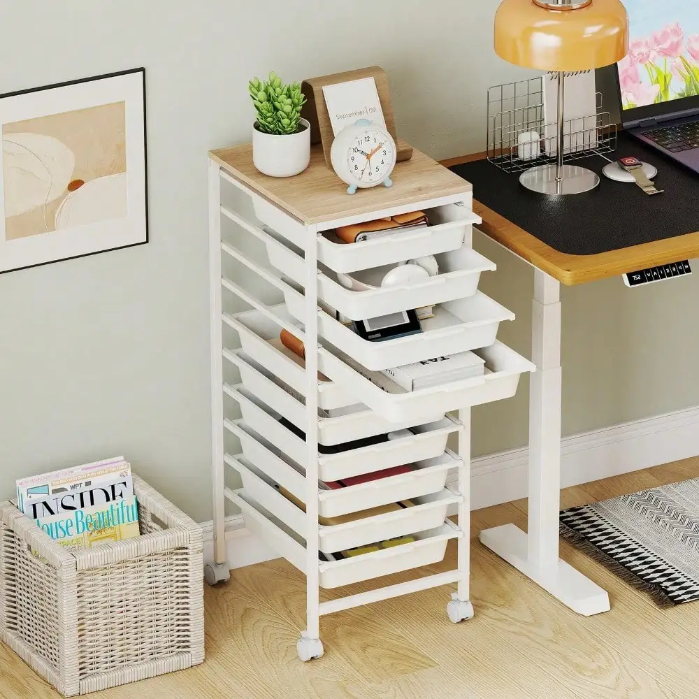Rolling Cart With Drawers, 10 Drawer Rolling Storage Cart With Wooden Tabletop, Metal Frame & Lockable Wheels, Craft Organizers And Storage For Home Office Classroom (White, 10-Drawer Small)