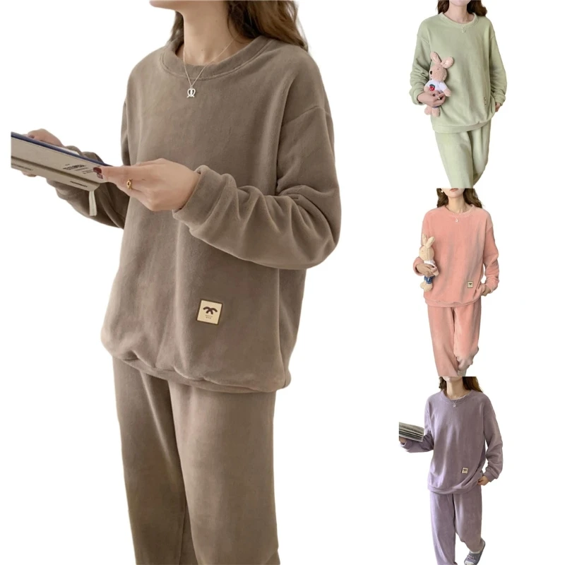 Womens Two Pieces Long Pyjama Set Solid Color Loungewear Sleep Shirt Home Wear Sleepwear Tops with Pants ​Nightwear Set