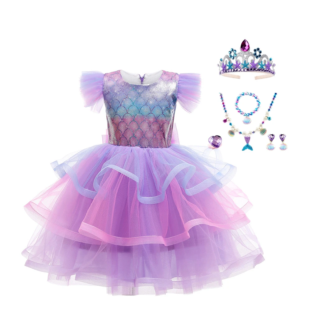 

Girls Mermaid Princess Dress and Crown accessories Girl Sleevless Elegant Gown Birthday Party Dress Hallowmas Carnival performe