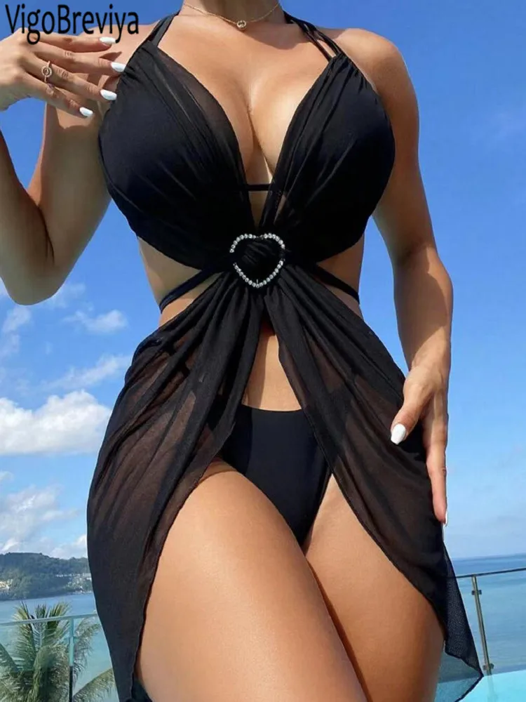 VigoBreviya Sexy Solid Halter 3PCS Mesh Smock Bikini Set Swimwear Women 2025 Push UP Swimsuit Backless Hollow Beach Bathing Suit