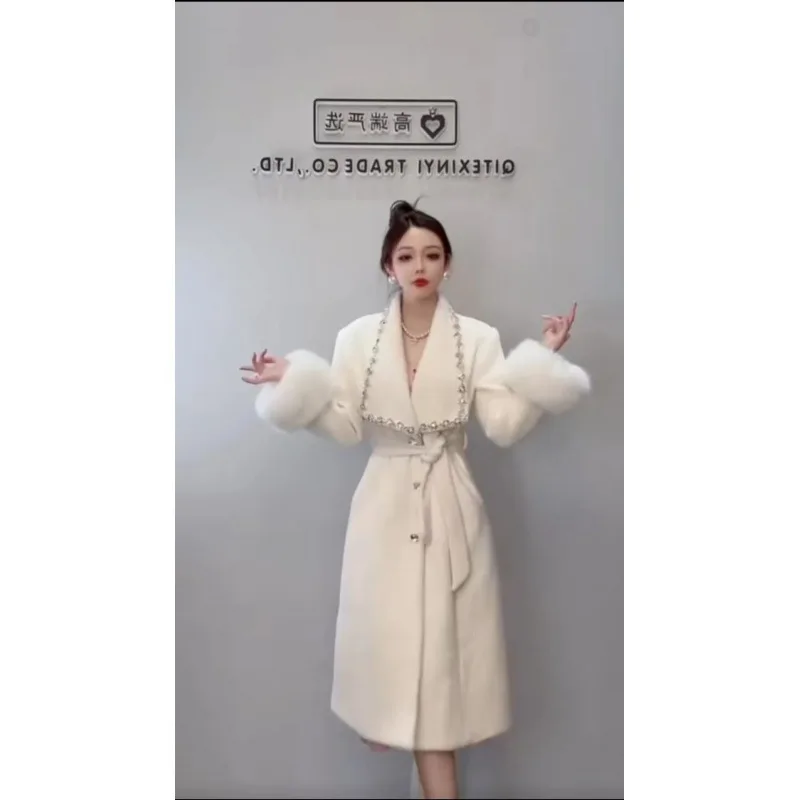 2023 Winter New High-End Environmental Protection Fur Sleeve Tight Waist Slimming Long Mink Long Sleeve Solid Color Overcoats