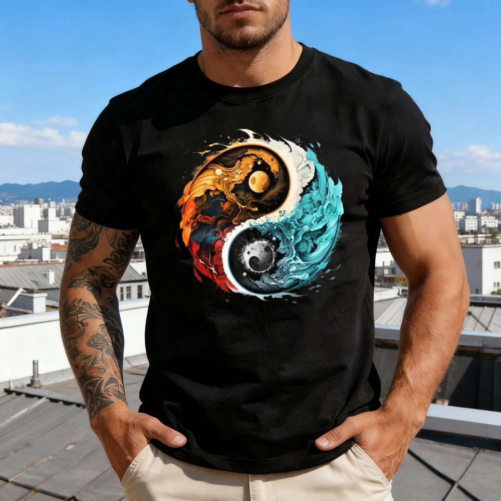 Yin-Yang Taijitu Diagram Shirt Yin-Yang Fish Flame Sun Wave Moon Printed Tee Eastern Philosophy Trend T-Shirt Men Women Tshirt
