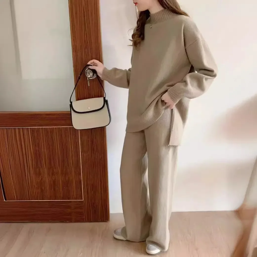 Two Piece Sets Muslim Knitting Outfits Women Split Sweater Pullover Knitted Wide Leg Pants Suit Knitwear Ensemble Casual