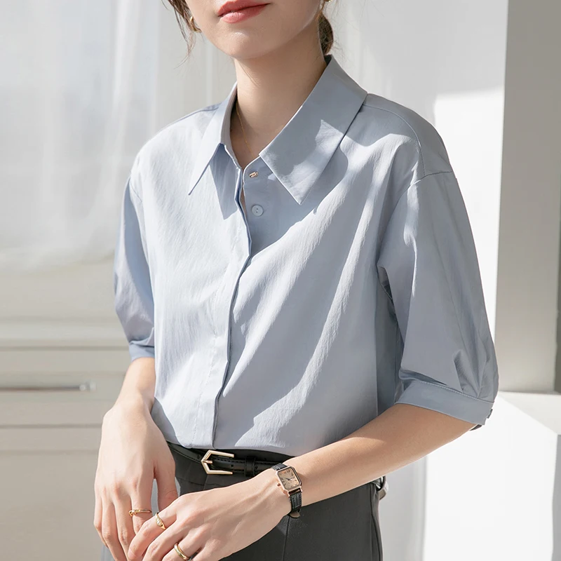 Women Summer Simplicity Slim Appear Thin Solid Color Square Collar Short Sleeve Shirts Women Clothes Casual All-match Trend Tops