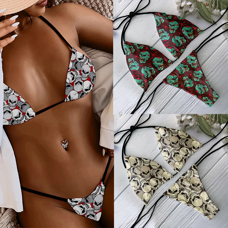 

Funny skull bikini women backless low waist sexy skull pattern printed swimsuit beach surfing vacation Halloween Cosplay