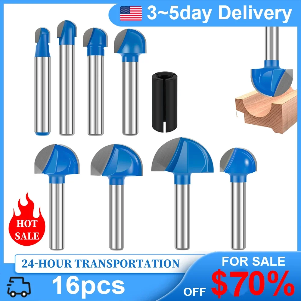 16Pcs 1/4inch Shank Cove Box Cemented Router Bit Round Nose Router Bit Set Round Milling Cutter For Wood Tools