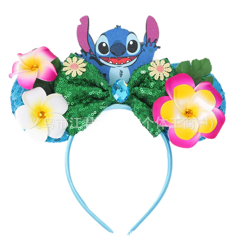 Kawai Disney Stitch Fascia per capelli Topolino Simpatico Buzz Lightyear Fascia per capelli con fiocco in paillettes Accessorio per capelli Decorazione del parco divertimenti