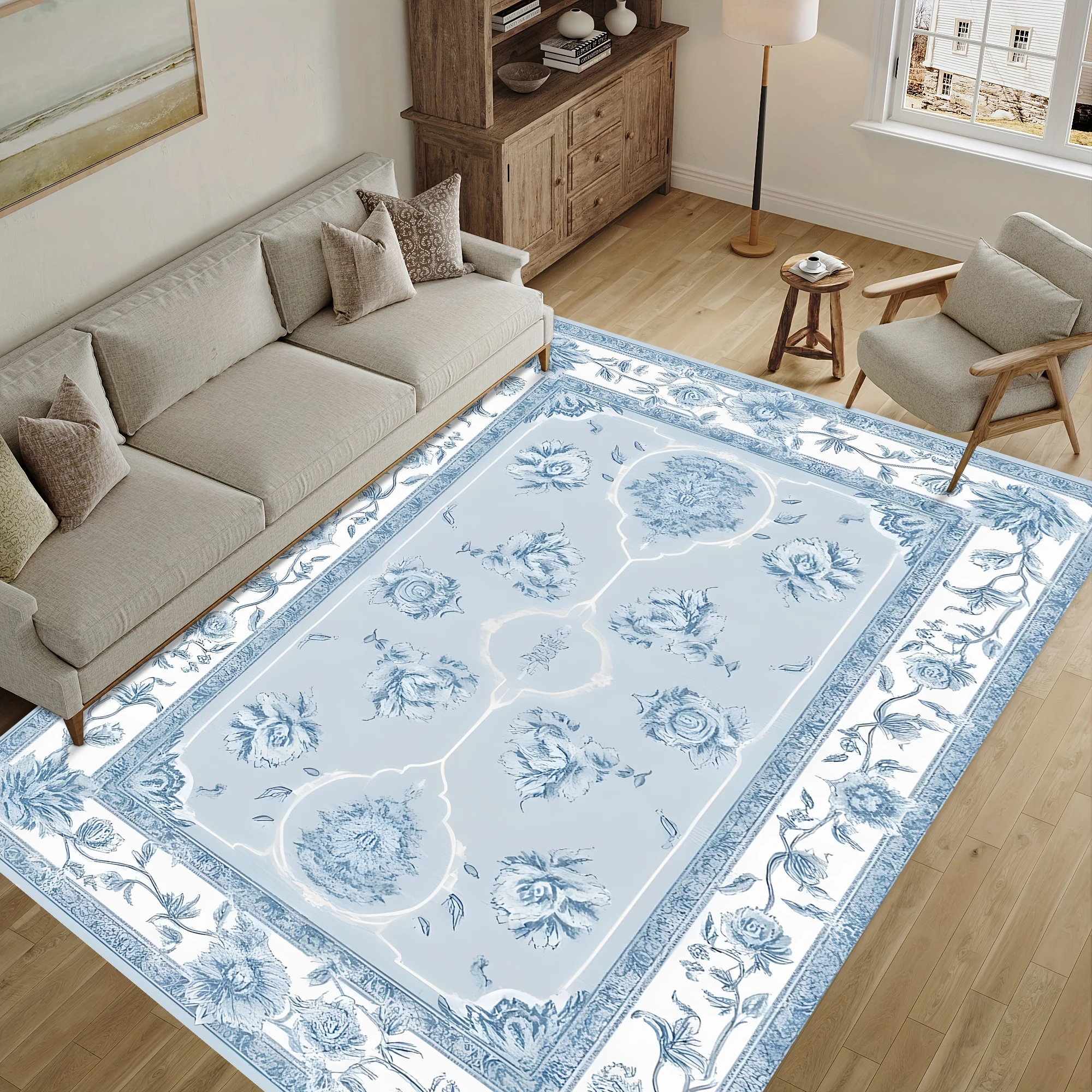 Light Blue European Floral Velvet Area Rug, Vintage for Living Room Bedroom, Autumn Winter Christmas Decor