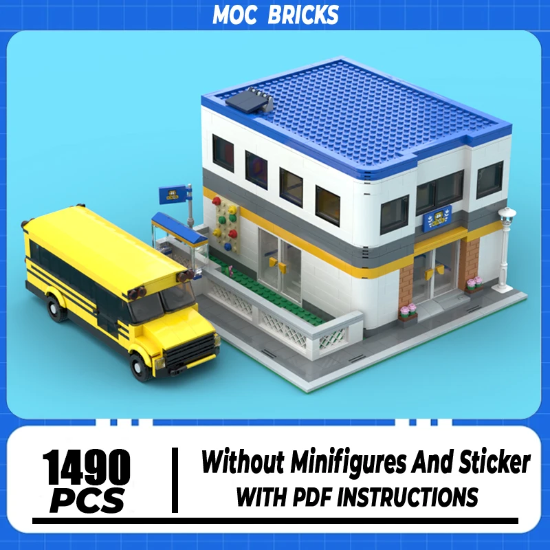 Street View Model Moc Building Blocks Schools and Buses Model Technology Brick DIY Assembly Construction Toy Holiday Gifts